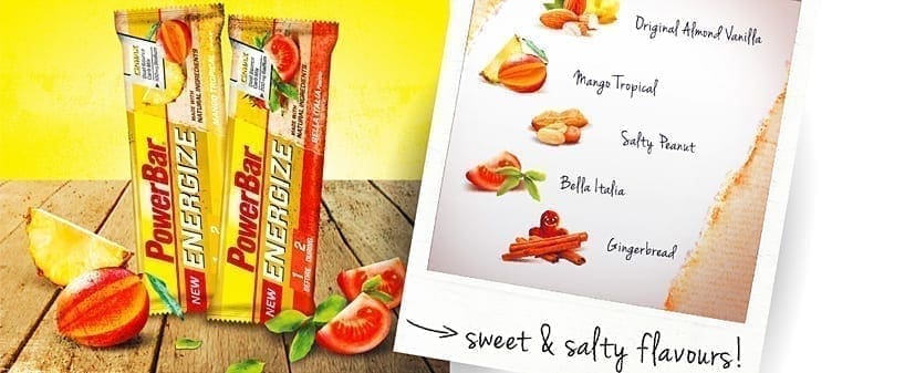 Geschmacksvarianten des PowerBar Energize Bar: SWEET: Vanille-Mandel / Lebkuchen / Mango Tropical. SALT: Savoury Bella Italia (Omate, Basilikum, Salz und Oregano) / Salty Peanut (geröstete und geröstete Nüsse und leicht salzig) Geschmacksvarianten des PowerBar Energize Bar: SWEET: Vanille-Mandel / Lebkuchen / Mango Tropical. SALT: Savoury Bella Italia (Omate, Basilikum, Salz und Oregano) / Salty Peanut (geröstete und geröstete Nüsse und leicht salzig)